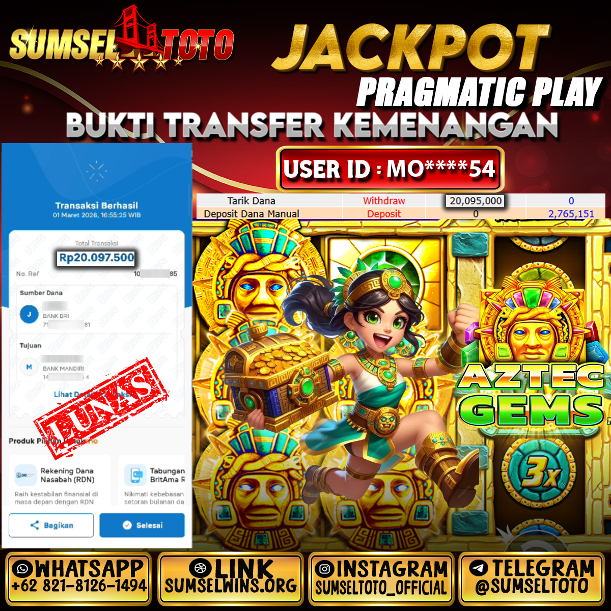 SUMSELTOTO JACKPOT AZTEC GEMS Rp.20,095,000.,- LUNAS